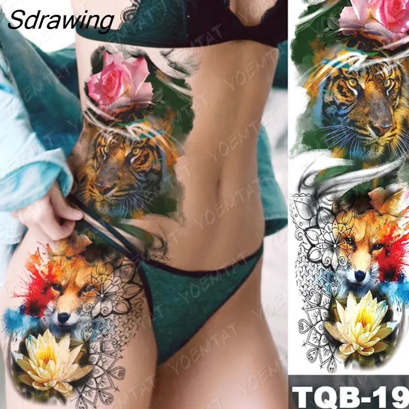 Sdrawing Arm Sleeve Tattoo Tiger Lion Wolf Owl Waterproof Temporary Tatto Sticker Crown Warrior Body Art Full Fake Tatoo Men Women
