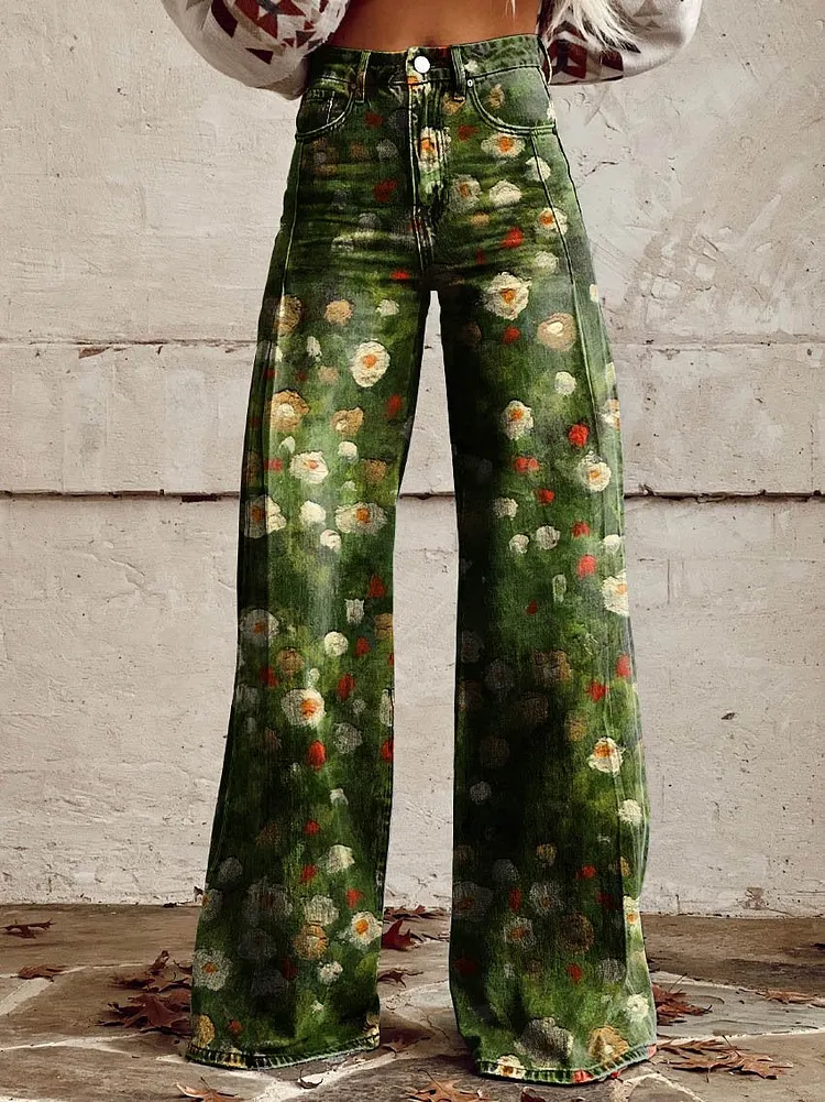 Women's Green Flower Print Casual Wide Leg Pants