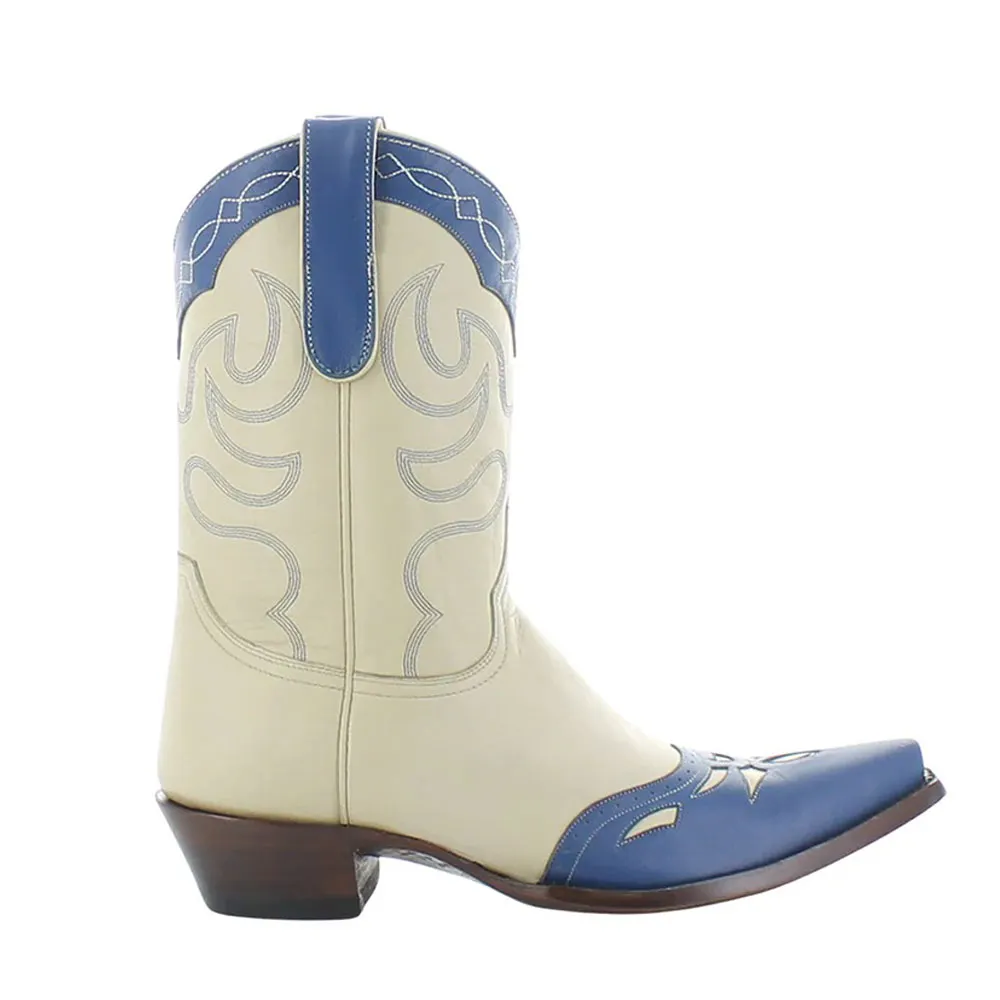 Blue & Ivory Embroidered Low Heel Mid Calf Cowgirl Boots for Women