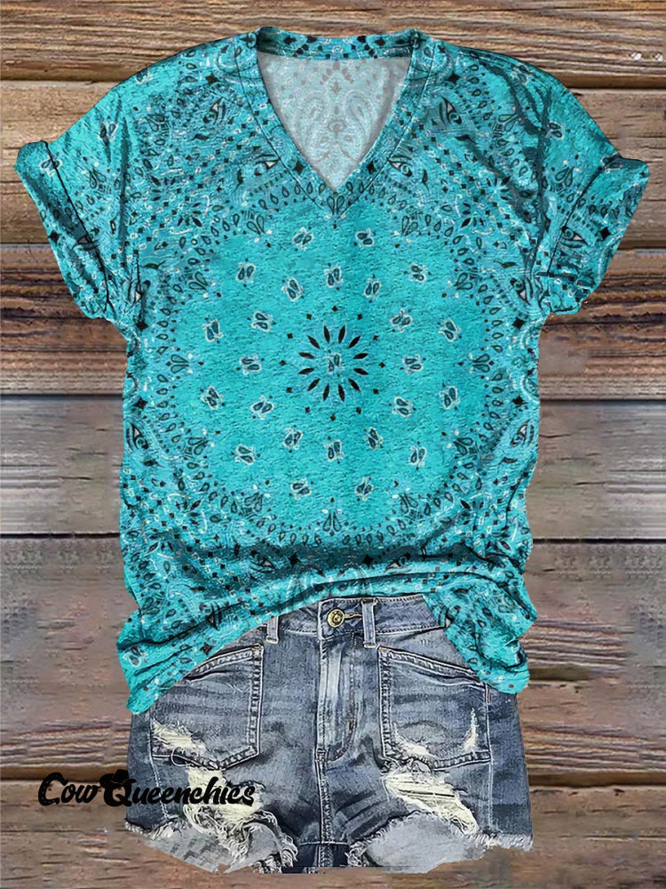 Bohemian Mandela Print V-Neck T-Shirt Blue / S