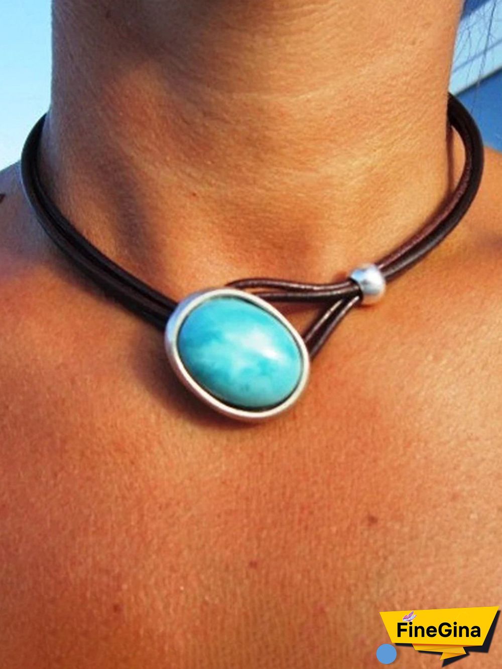 Vintage Leather Cord Turquoise Necklace