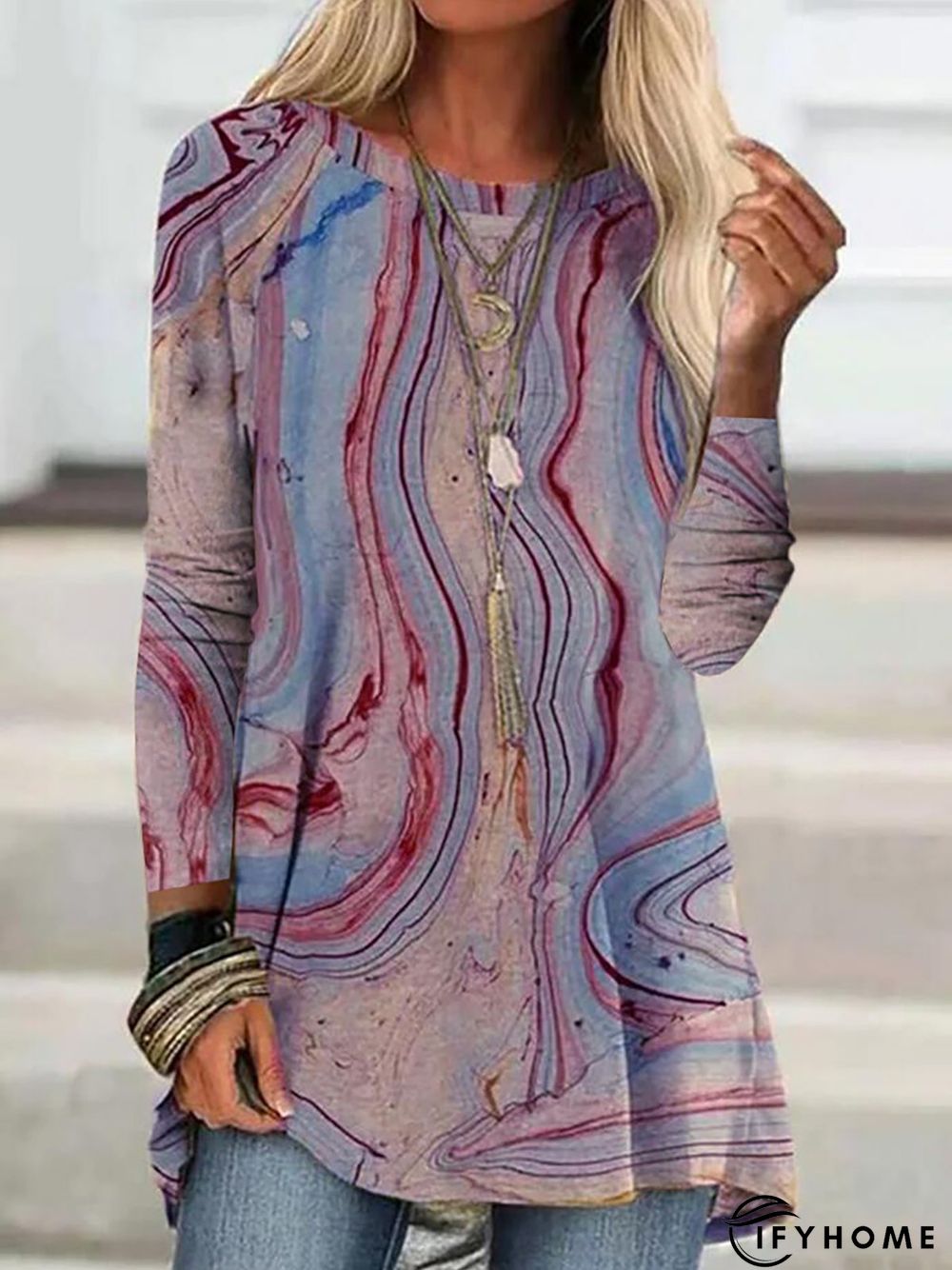 Long Sleeve Crew Neck Ombre/Tie-Dye Vintage Tunic Top | IFYHOME