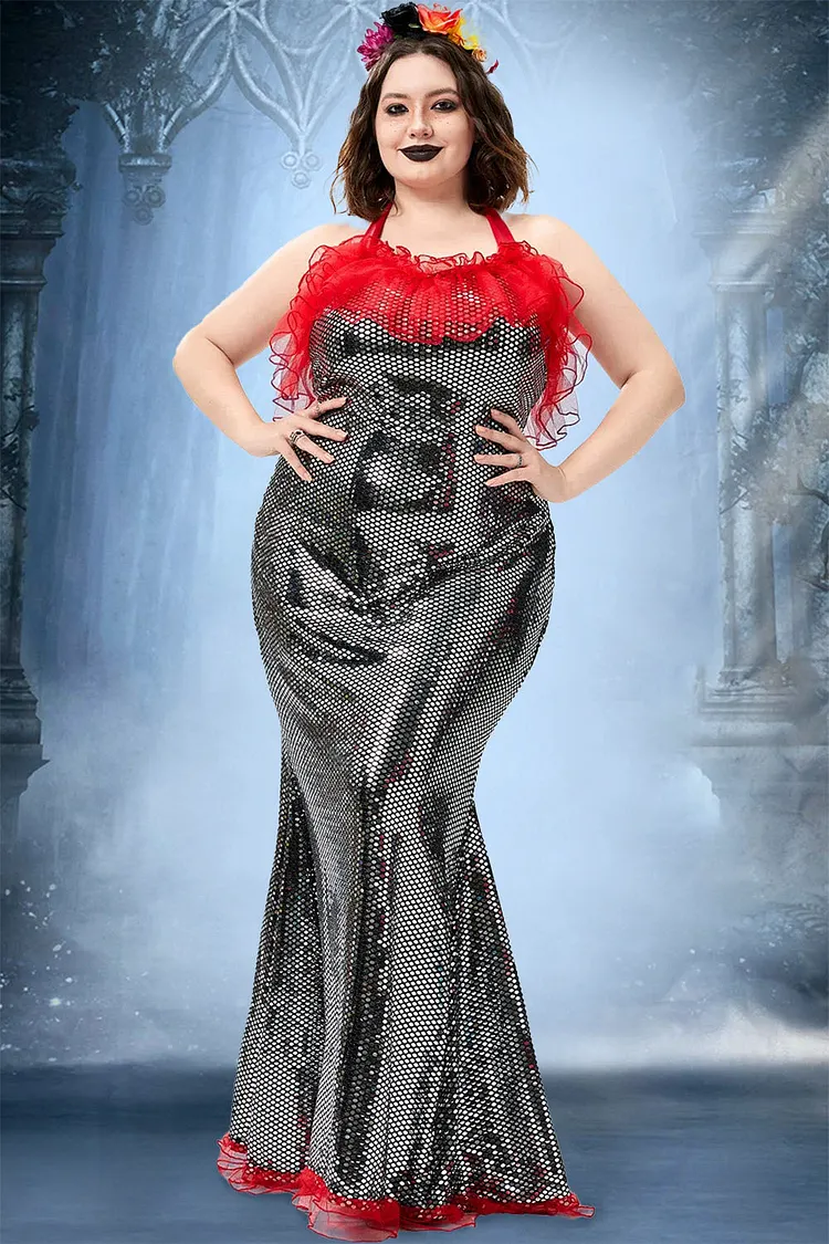 Xpluswear Design Plus Size Halloween Costume Black Mermaid Gothic Overlay Ruffle Sequin Maxi Dress（Ships 24h） 2024 - Xpluswear