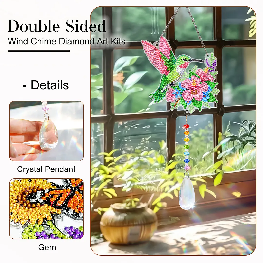 2Pcs Hummingbird Carrying Flowers DIY Double-Sided Diamond Painting Hanging Kits Diamond Painting Suncatcher Craft Kit for Home Garden Wall Decor Gift