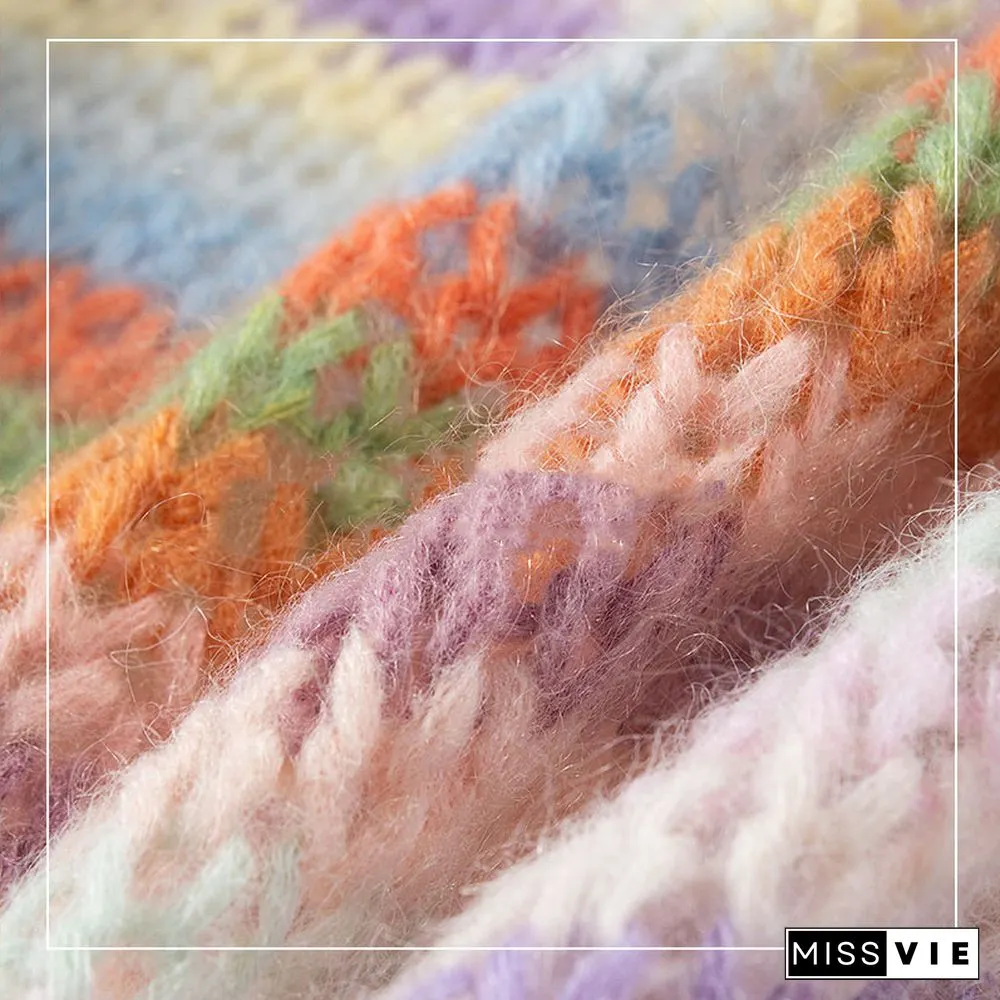 Colorblock Stripe Rainbow Knit Cardigan Sweater