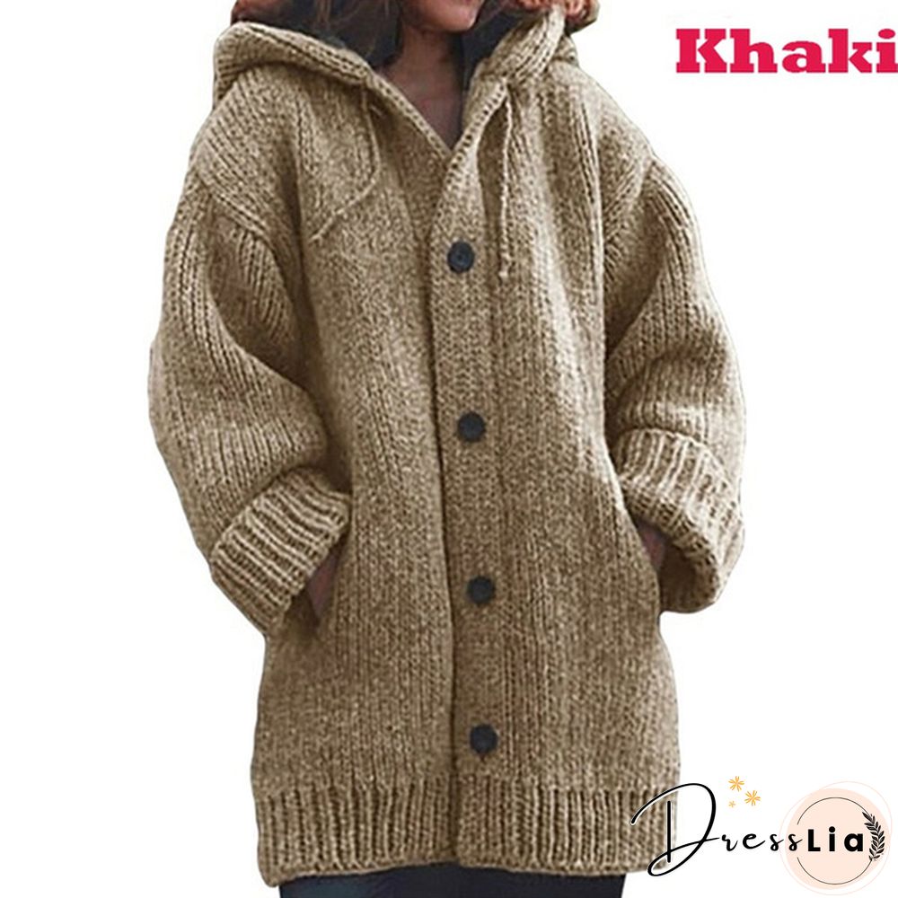 Women Fashion Mid-length Button Up Knitted Cardigan Jackets Ladies Casual Autumn and Winter Hooded Sweater Coats Strickjacke Damen