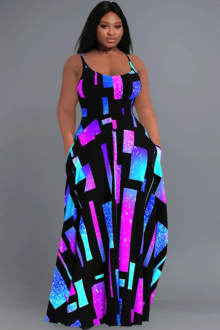 Xpluswear Design Plus Size Casual Sundress Multicolor Geometric Print With Pockets Maxi Dress 2024 - Xpluswear