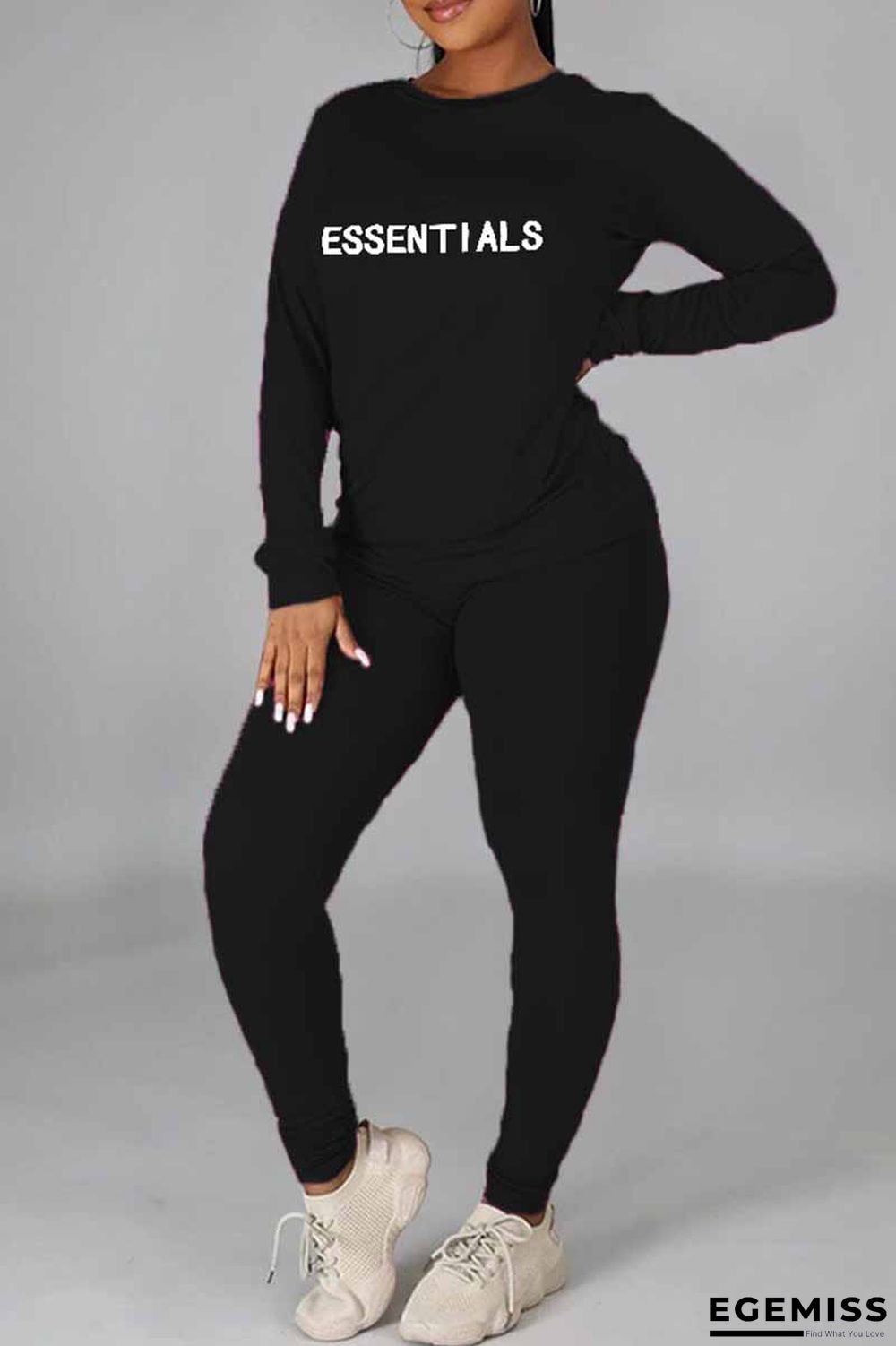 Black Casual Print Letter O Neck Long Sleeve Two Pieces | EGEMISS