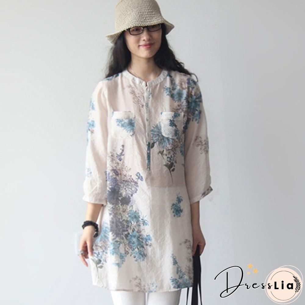 Vintage Women Floral Printed Casual Loose Tops Shirt Tunic Dress