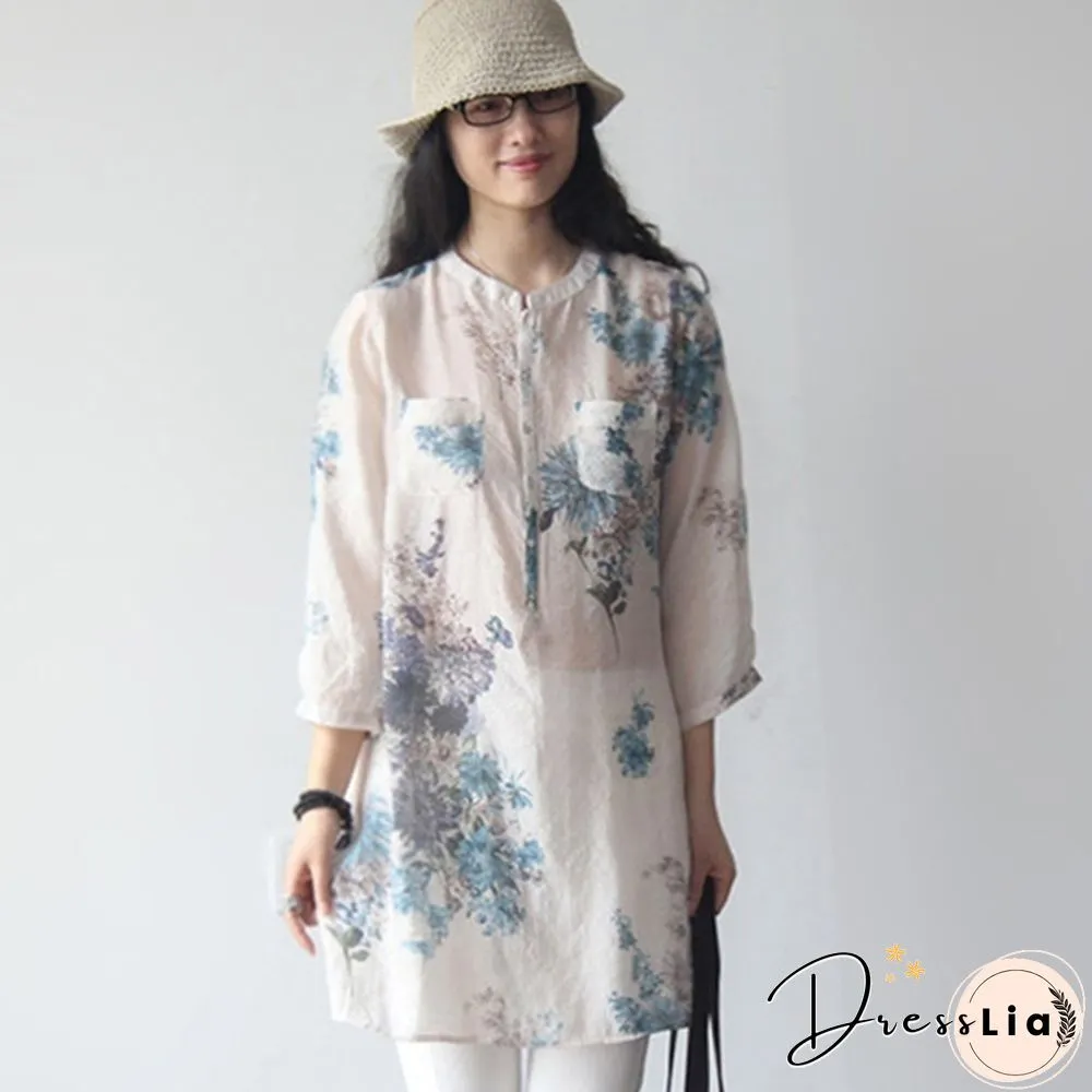Vintage Women Floral Printed Casual Loose Tops Shirt Tunic Dress