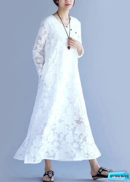 Unique O Neck Spring Tunic Pattern Fabrics White Cut Flowers Long Dress