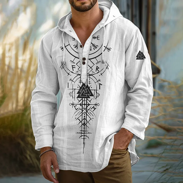 Vintage Viking Art Men's Linen Hooded Shirt
