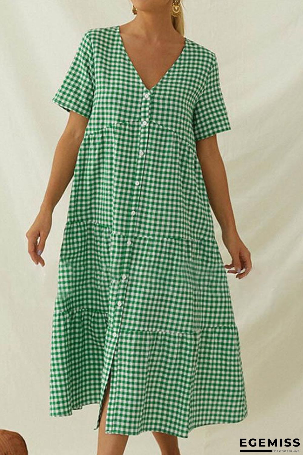 Paneled Plaid Print Buttons Down V-neck Casual Midi Dress | EGEMISS