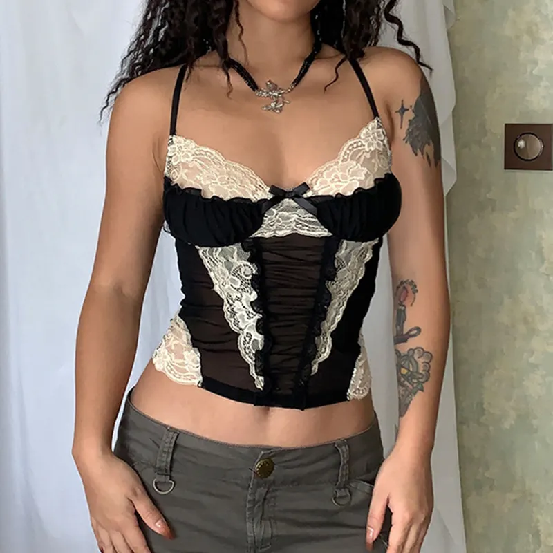 Churchf Churchf Wind Sexy Perspective Condole Belt Vest Female 2024 Summer Lace Stitching Mesh Spicy Girl New Style