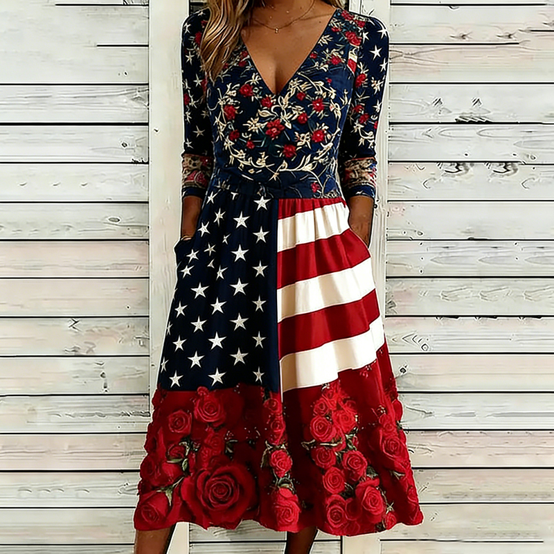 Comstylish Women's Vintage Floral Flag Art Print Midi Dress