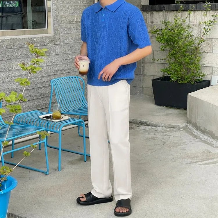 Knitted Polo Shirts Summer New Fashion Men's Loose Casual Turn-down Collar Short Sleeve Solid Color T-shirts Male Clothes Tops