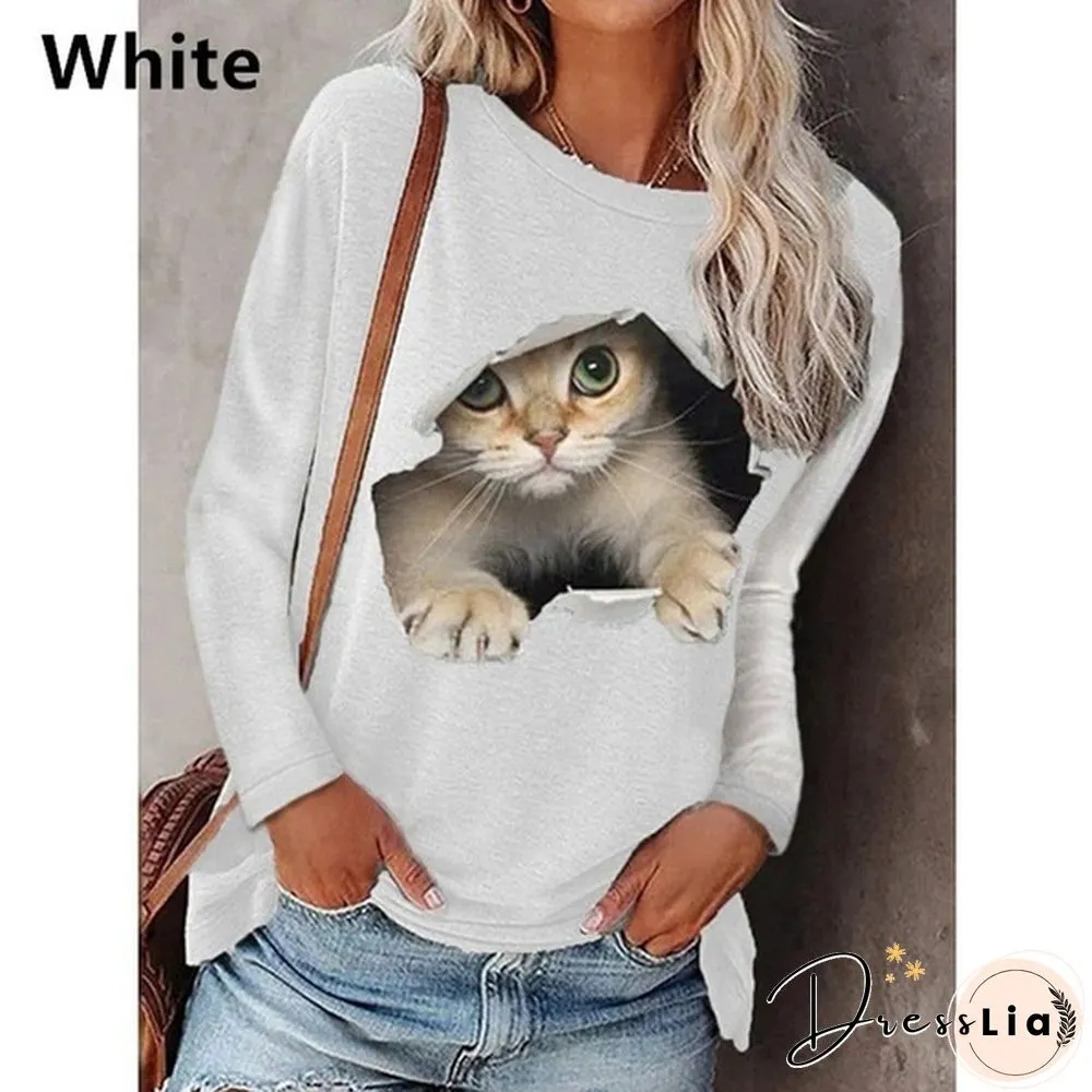 XS-5XL Plus Size Fashion Women Spring and Autumn Casual T-shirts Long Sleeve Hoodies Cute Cat Print Pullover Tops Round Neck Tops
