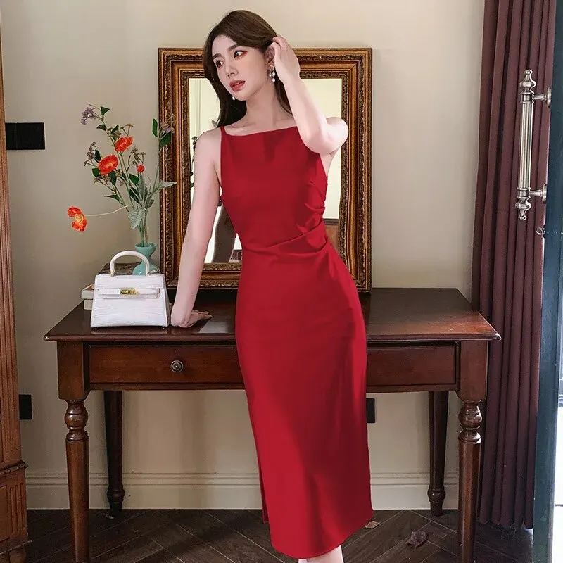 Brownm Summer Elegant Women Evening Dress Simple Solid Sexy Strap Slim Slit Midi Party Club Beach Prom Robe Femme Mujer Vestidos