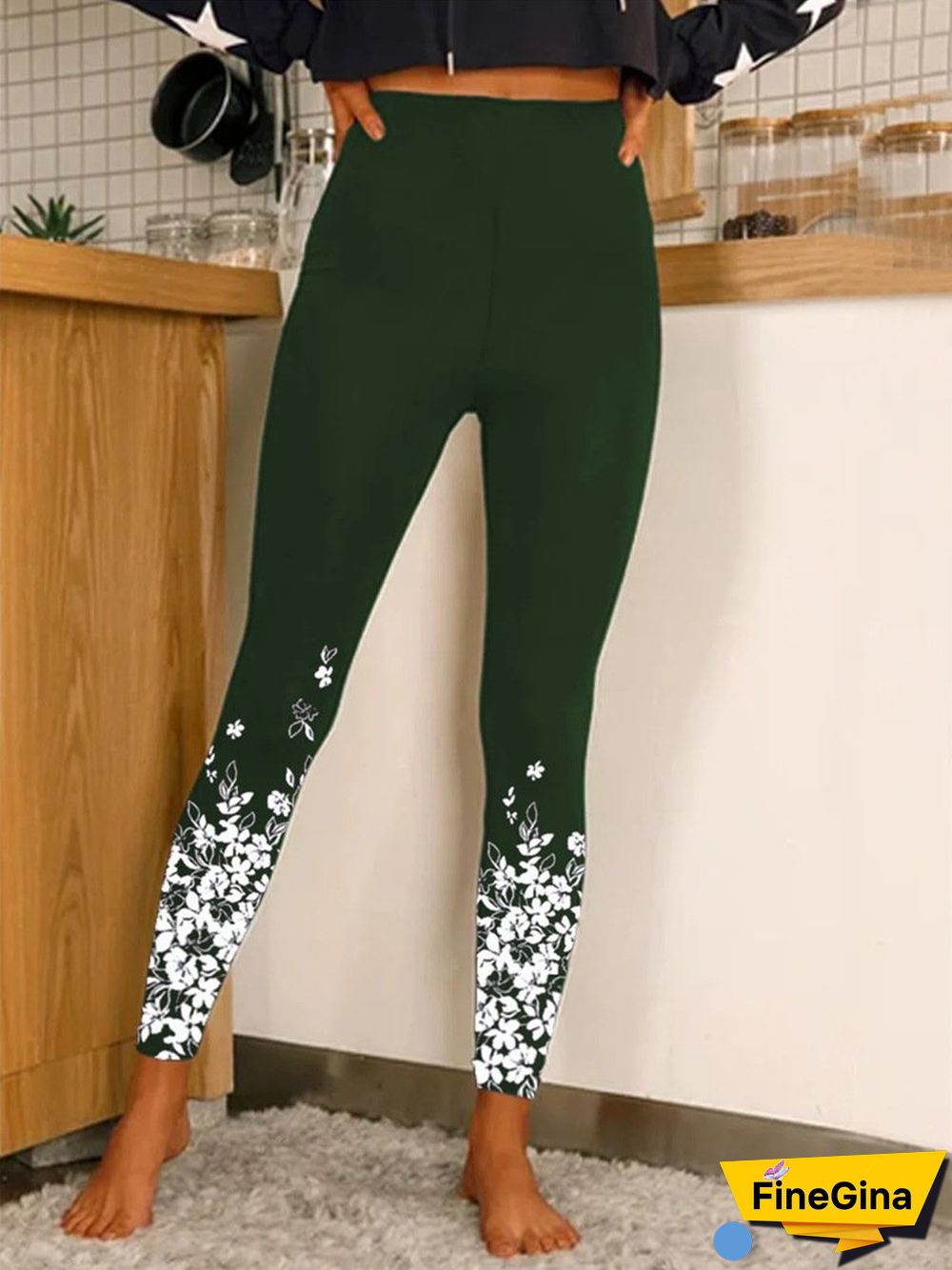 Women Elastic Flower Printed Slim Pants