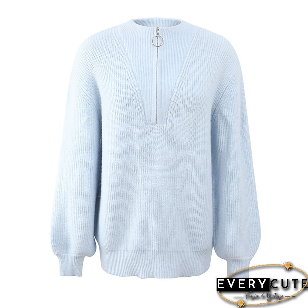 Light Blue Zipper-up Lantern Sleeve Sweater