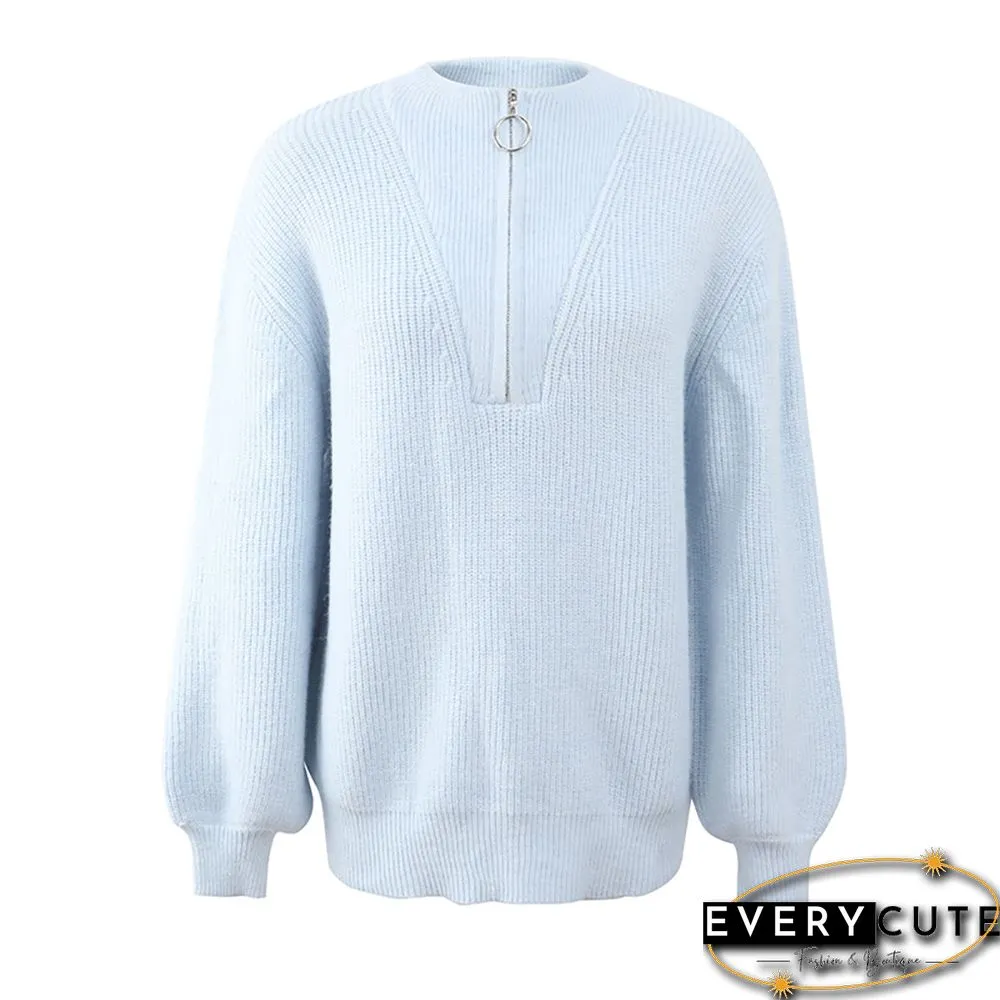 Light Blue Zipper-up Lantern Sleeve Sweater