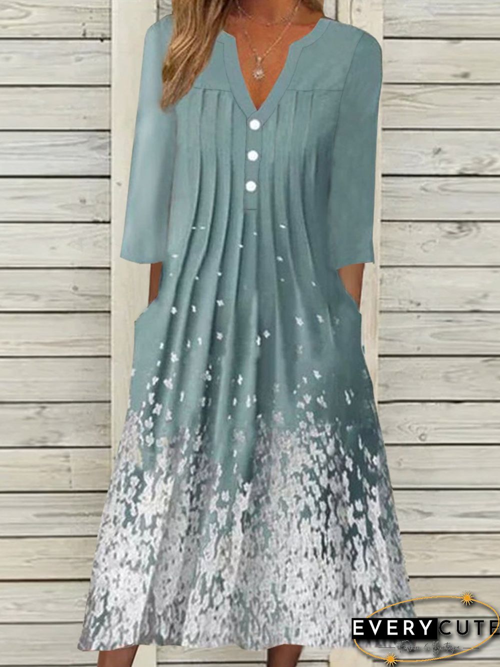 Ombre Floral Printed Vacation Buttoned Pleated Loosen V Neck Short Sleeve Woven Dress