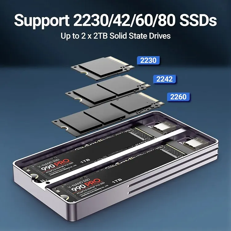 JEYI Dual Bay M.2 NVMe SATA SSD Enclosure, USB 3.2 Gen 2 10Gbps