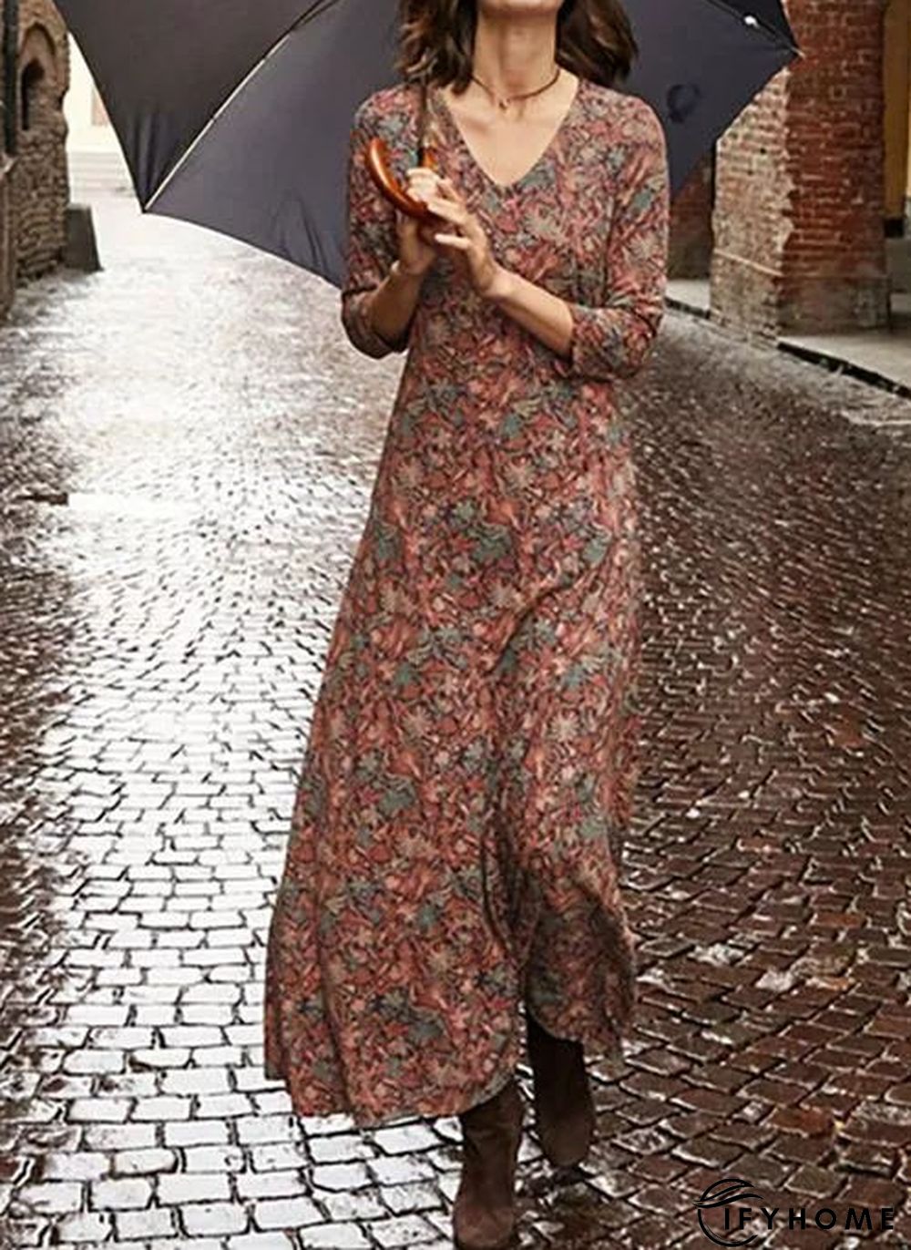 Women Fashion Casual Floral Cotton Dress | IFYHOME