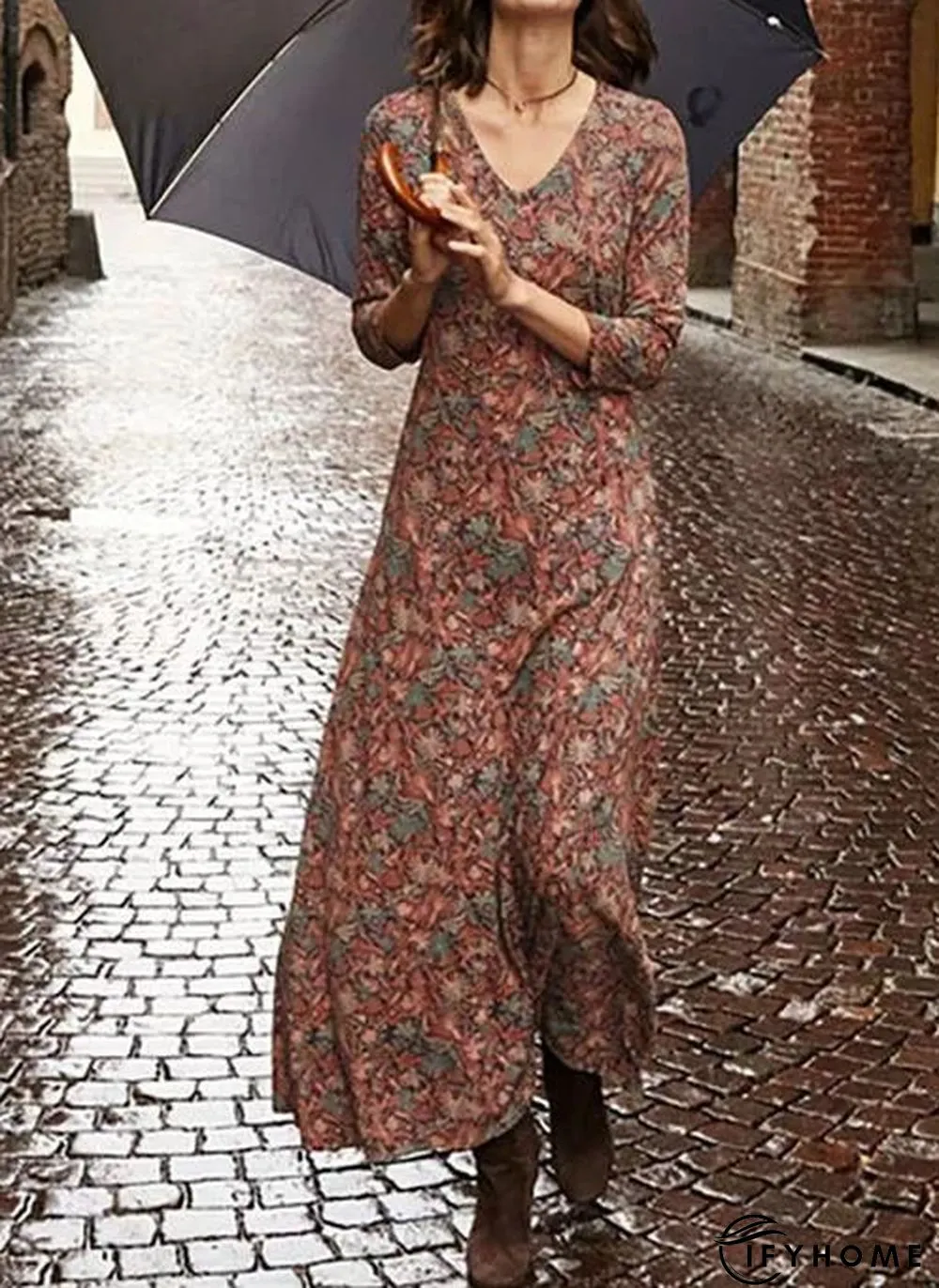 Women Fashion Casual Floral Cotton Dress | IFYHOME