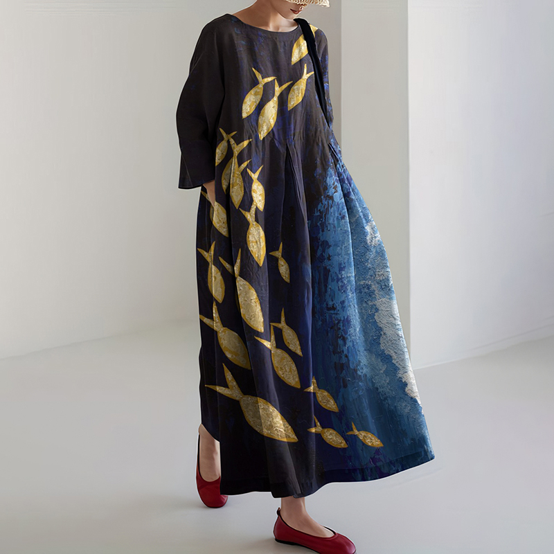 Women&lsquo;s Ocean Fish Schools Linen Blend Maxi Dress