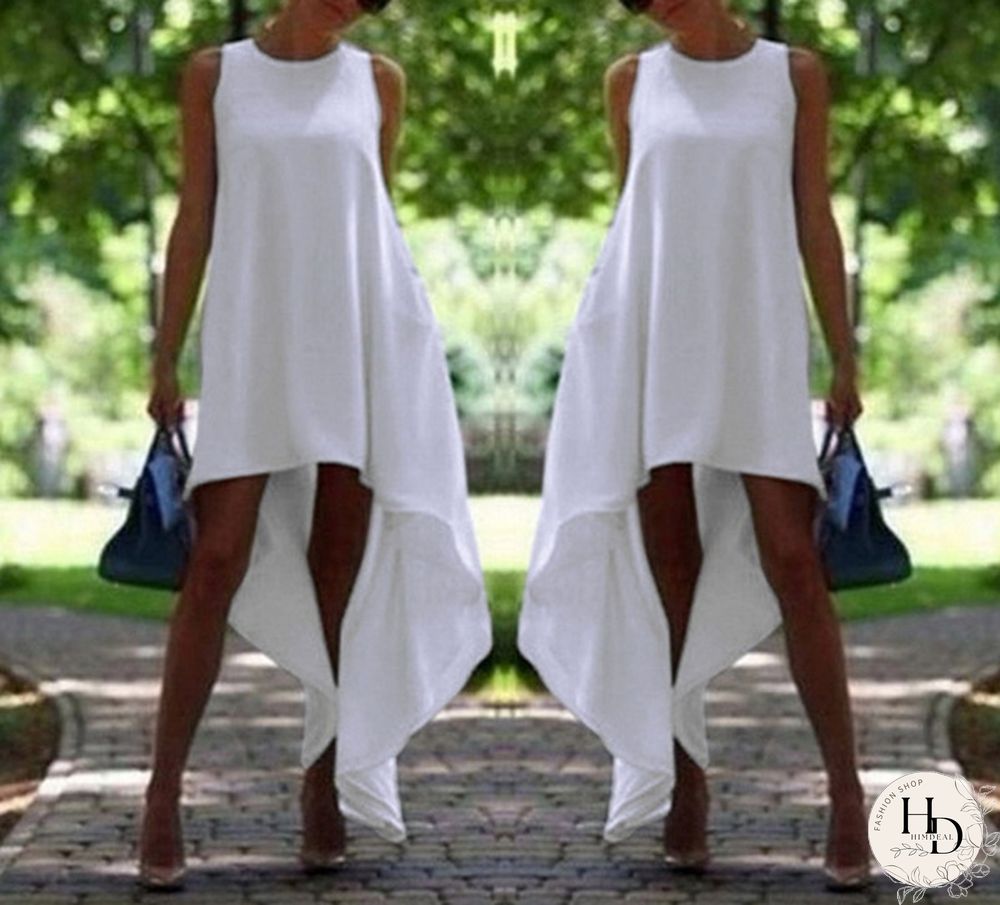 Women Summer Bohemian White Irregular Beach Dress Loose Flare Dress Tunic Female Sleeveless Beachwear Solid Boho Gowns Dresses