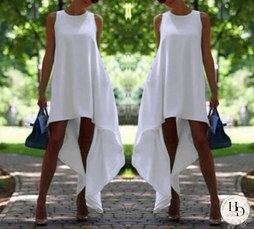 Women Summer Bohemian White Irregular Beach Dress Loose Flare Dress Tunic Female Sleeveless Beachwear Solid Boho Gowns Dresses