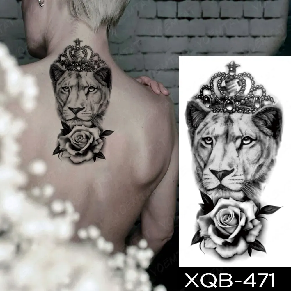 Sdrawing Temporary Tattoo Stickers Fox Lion Tiger Wolf Peony Rose Flowers Leaf Flash Tatto Women Men Body Art Arm Fake Tattoos
