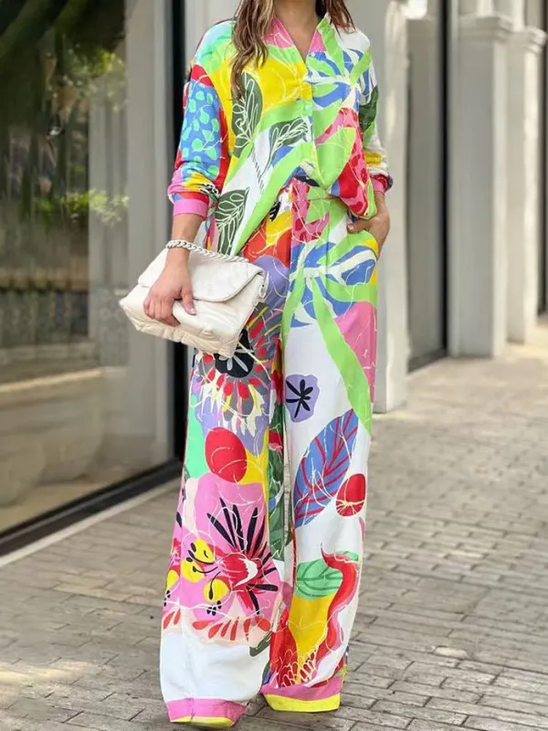 Contrast Color Printed Lapel Long Sleeves Buttoned Blouses Top+ High Waisted Pants Bottom Two Pieces Set