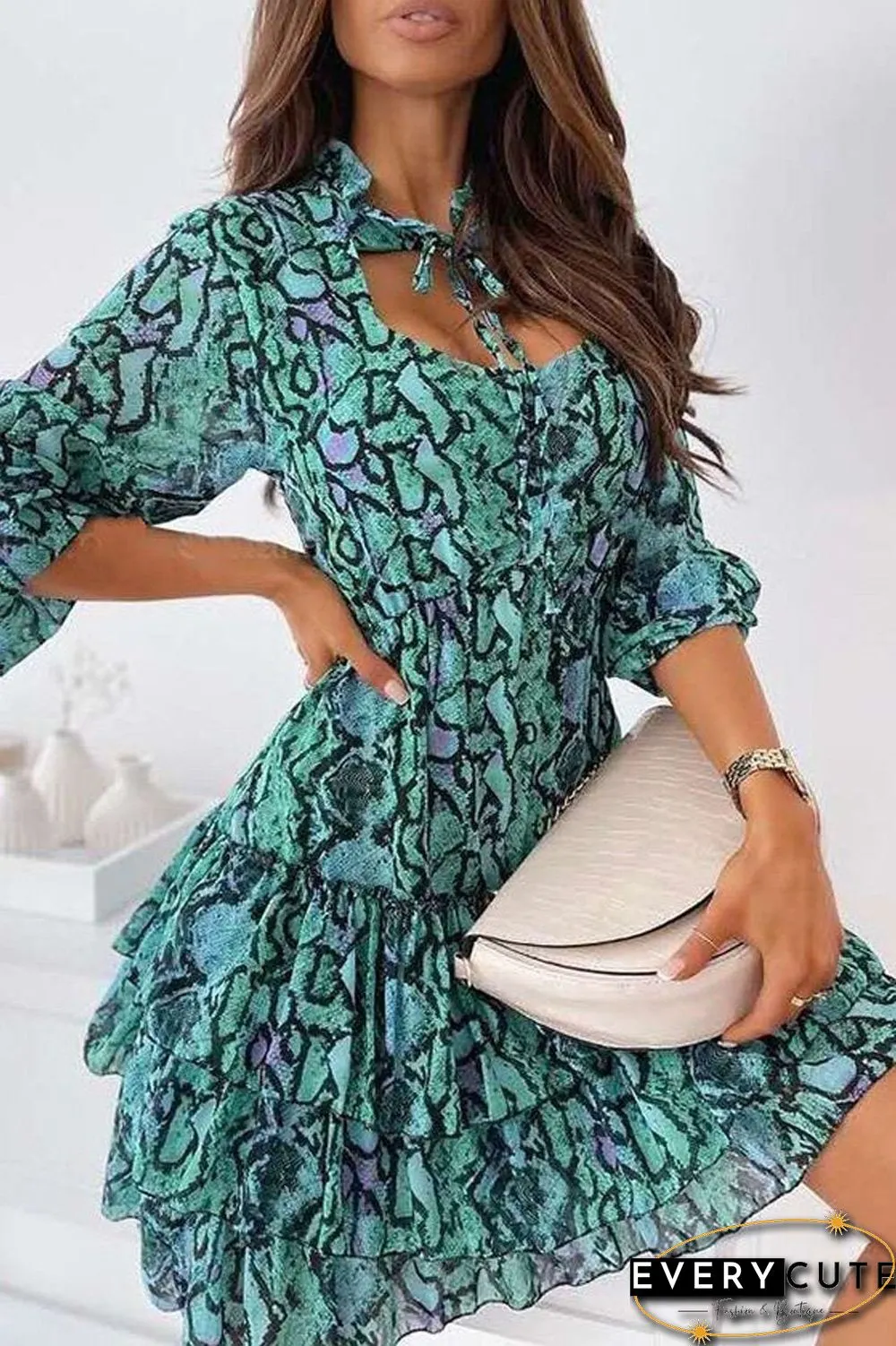Lace-Up Neckline Tired Dress