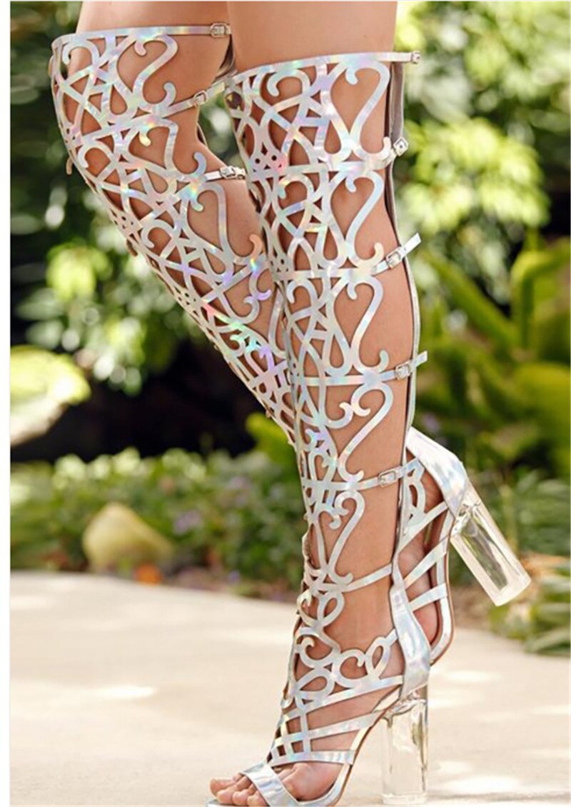 GOOSHOE Hollow Clear Crystal Heels Thigh High Boots Lady Open Toe Over Knee Sandals Boots Women