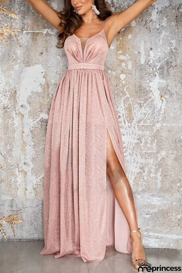 Formal Ready Shiny Fabric Mesh Slit Maxi Dress