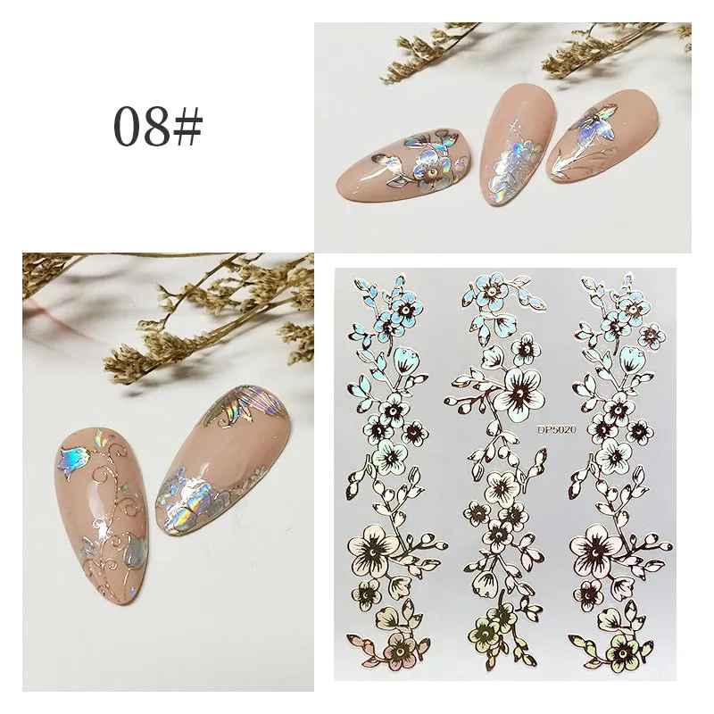 3D Flower Lace Nail Stickers iridescent Bronzing Floral Leaf Transfer Stickers For Nails Manicuring Accessories