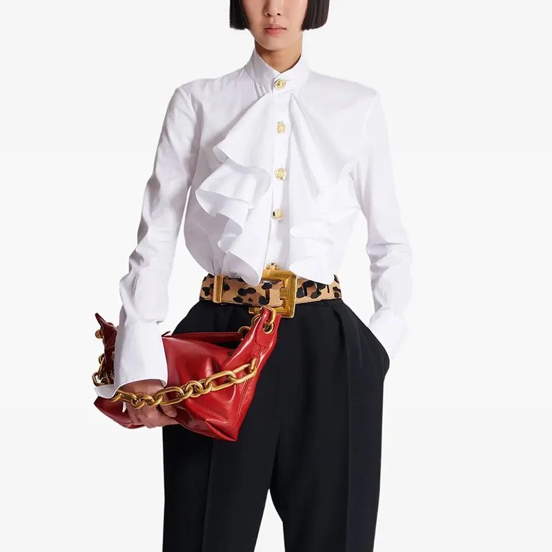 Nigikala Nigikala New Star Fashion Simple Repair Wood Ear Lotus Side With White Long-Sleeved Shirt