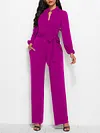Urban Solid Color Bandage Buttoned Round-Neck Wide Leg Long Sleeves Jumpsuit