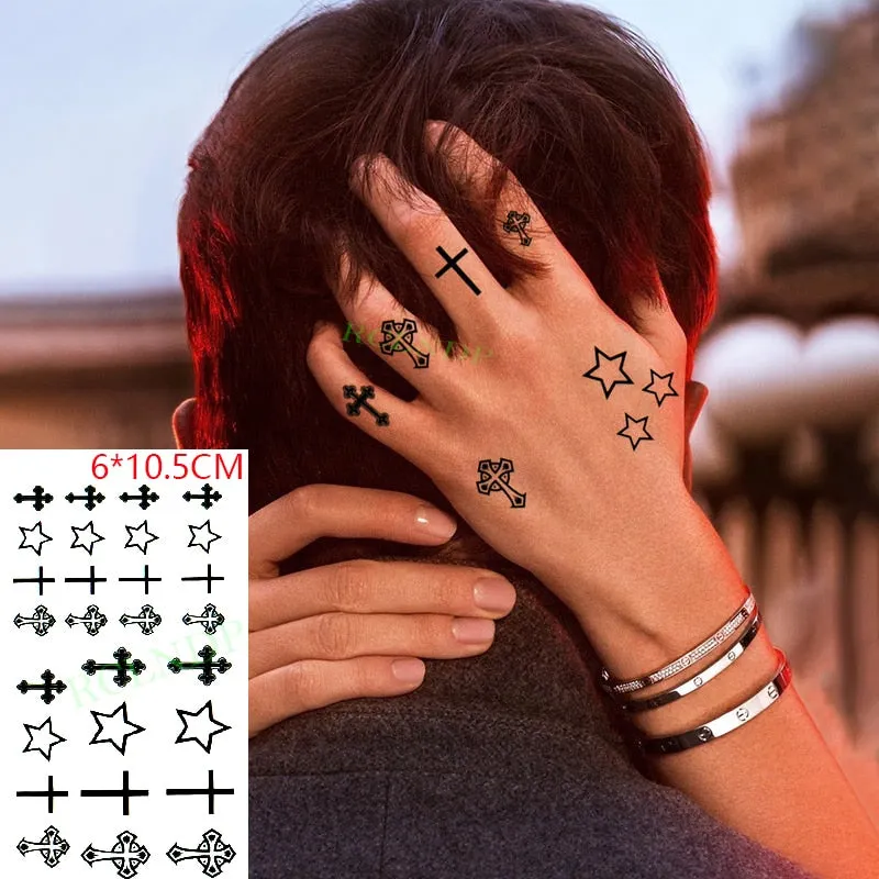 Waterproof Temporary Tattoo Sticker Small Cross Rose Flower on Finger Neck Hand Flash Tatoo Fake Tatto for Girl Women Men