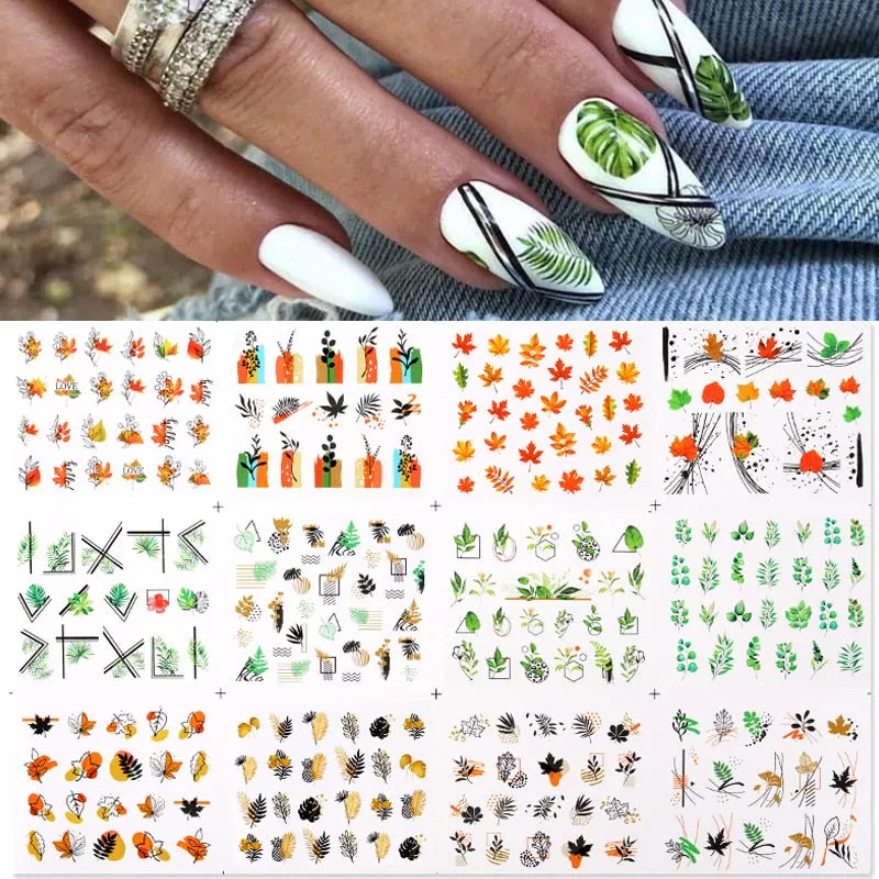 12Pcs Flower Leaf Geometric Lines Water Decals Spring Floral Butterfly Transfer Sliders Paper For Nails Decoration Manicures