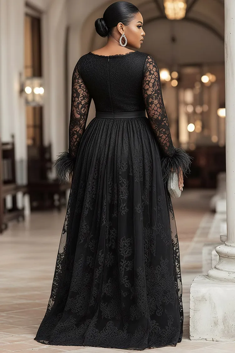 Xpluswear Design Plus Size Formal Black Boat Neck Long Sleeve 3D Elegant Feather Lace Maxi Dresses Black-2XL/18-20
