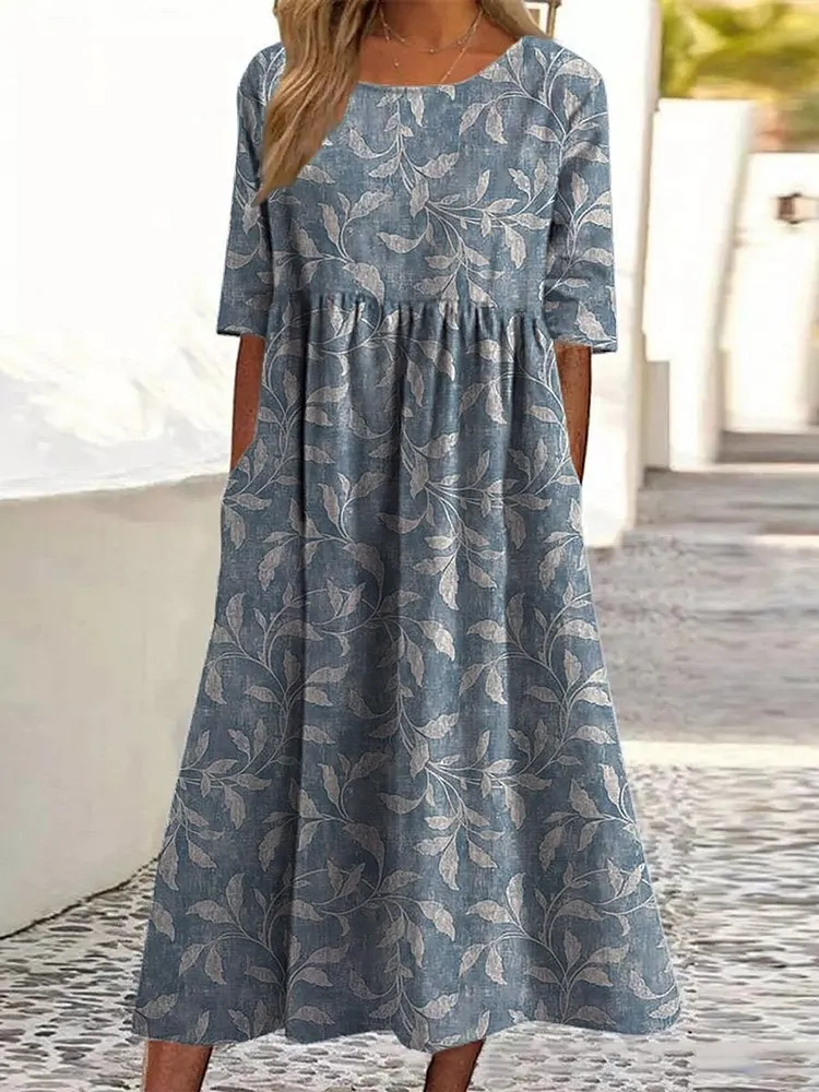 Spring Vines Pattern Printed Women's Pocket Cotton Dress