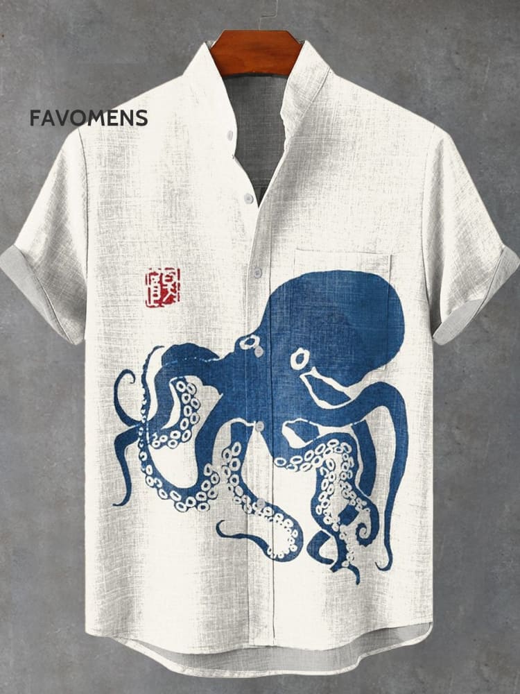 Octopus Japanese Linoleum Art Print Casual 100% Cotton Shirt Multicolor / S