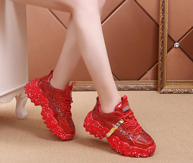 Fashion Women Shoes Dad Chunky Sneakers Women Luxury Comfortable Glossy Thick Sole Ladies Platform Wave Bottom Trainers Female