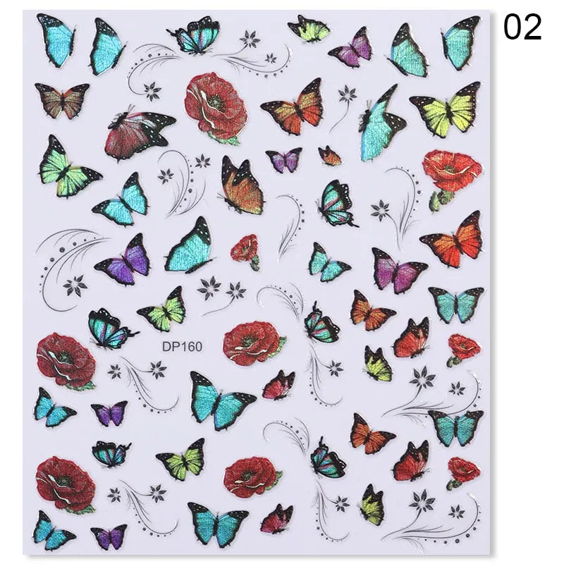 1pc Holographic Blue Nail Stickers Pink Colorful Butterfly Art Sticker With Adhesive DIY Extension Flowers Rose Nail Decoration-Nail Inspo