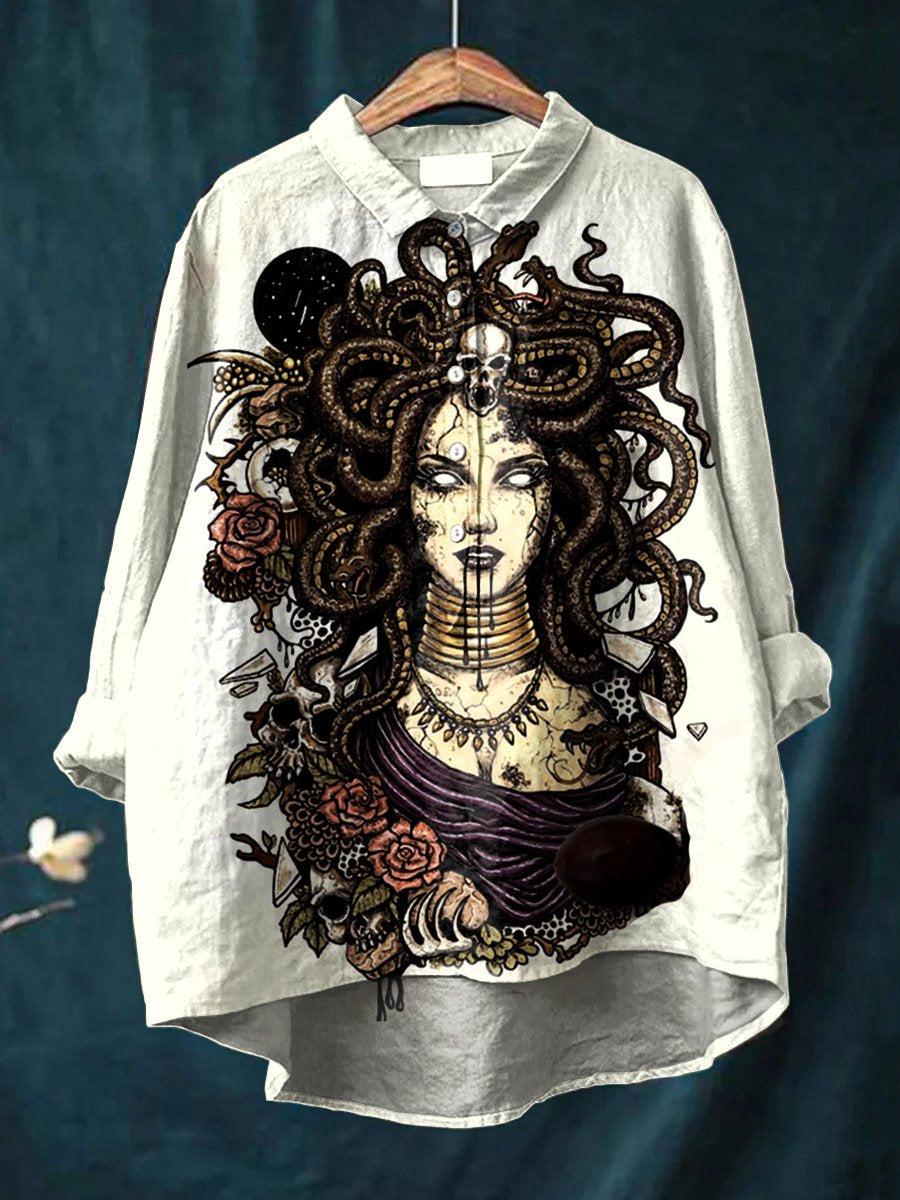 Women's  Medusa Art  Print Casual Cotton And Linen Shirt