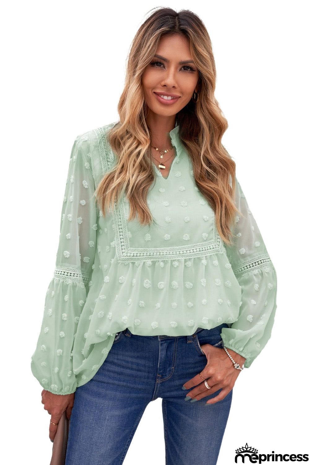 Chic Green Ruffled Split Neck Lace Hollow Out Long Sleeve Polka Dot Blouse