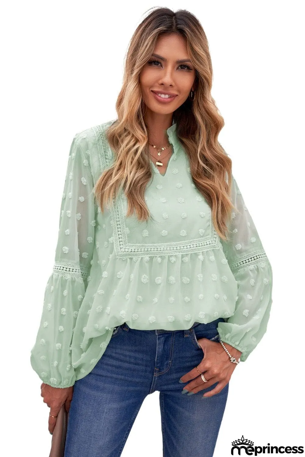 Chic Green Ruffled Split Neck Lace Hollow Out Long Sleeve Polka Dot Blouse